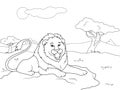 Large lion lies in the African savannah. Children coloring page full page, ready for printing.