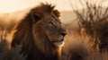 a large lion standing in a field of tall dry grass