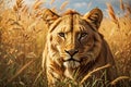a large lion walking across a grass covered field of tall grasses