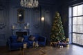 Large living room with panoramic windows and blue walls. Christmas decor in the hall. Christmas tree