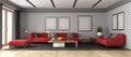 Large living room with red sofas on black carpet