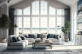 Large living room with a sea view in a lavish summer beach home with furniture. Interior of a holiday house or villa Royalty Free Stock Photo