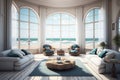 Large living room with a sea view in a lavish summer beach home with furniture. Interior of a holiday house or villa Royalty Free Stock Photo