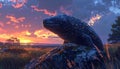 Large lizard on rock at sunset Royalty Free Stock Photo