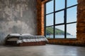 Large Loft Interior With Bed And Sea And Mountains In The Window Royalty Free Stock Photo