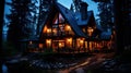 A large log cabin in the woods at night, AI Royalty Free Stock Photo