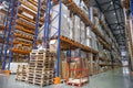 Large Logistics hangar warehouse with lots shelves or racks with pallets of goods. Industrial shipping and cargo delivery