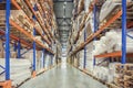 Large Logistics hangar warehouse with lots shelves or racks with pallets of goods. Industrial shipping and cargo delivery Royalty Free Stock Photo