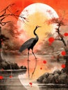 Large, long-legged bird standing on edge of body of water. This bird is likely an heron or crane due to its distinctive Royalty Free Stock Photo