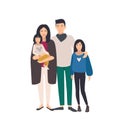 Large loving asian family. Father, mother holding toddler and teenage daughter standing together. Beautiful flat cartoon