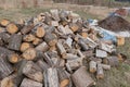 Large lumber sawed log stacked firewood wood lumber timber stack logs pile, wood lumber