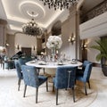 Large luxurious dining table in the large living room with high ceilings in a modern classic style with blue chairs and a white