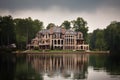 A large, luxurious mansion on a lake, three stories tall with a gray roof and beige walls, many windows, balconies, and arches,