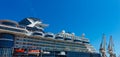 A large luxury cruise liner moored behind harbor crane