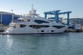 Large luxury Sunseeker yacht being fitted out in dock Poole Harbour Royalty Free Stock Photo