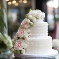 Large luxury three-tired wedding cake decorated by tender pink flowers standing on festive holiday background. Wedding Royalty Free Stock Photo