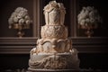 Large wedding cake decorated with a beautiful decor of cream. Generative Ai Royalty Free Stock Photo