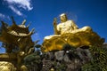 A large figure of a seated golden buddha