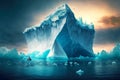 large majestic iceberg in ocean with floating ice floes nearby