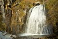 A large and majestic waterfall flows in a rapid stream from a mountain in a yellowed autumn forest Royalty Free Stock Photo