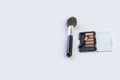large makeup brush. Near eyeshadow and a small brush. Black color. On a white background, close-up. No insulation