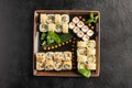 Large maki sushi set with a varied assortment of Japanese rolls in a square plate Royalty Free Stock Photo