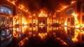 Large mansion on fire with intense flames reflecting off shiny floor at night Royalty Free Stock Photo