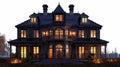 A large mansion with lights on in the evening Royalty Free Stock Photo