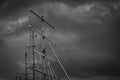 Large mast of an old sailing ship in black and white Royalty Free Stock Photo