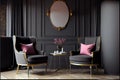 Large master living room in dark black gray colors. Rose pink set of chairs and gold table. Background blank wall blank for