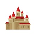 Large medieval castle with bright red roof. Great royal fortress with high towers. Flat vector element for children book