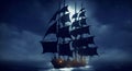 Large medieval ship gracefully sail in the open sea on moonlight. Generative Artificial intelligence