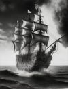 a large medieval ship sailing the ocean and in black and white illustration