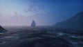 A large medieval ship in the sea in the fog floats to a desert rocky island. 3D Rendering Royalty Free Stock Photo