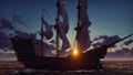 Large medieval ship on the sea on a sunrise. The old medieval ship gracefully sails in the open sea. 3D Rendering