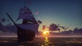 Large medieval ship on the sea on a sunset. The old medieval ship gracefully sails in the open sea. 3D Rendering