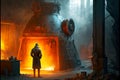 large melting furnace in workshop of foundry industry and worker standing next
