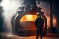 large melting furnace in workshop of foundry industry and worker standing next