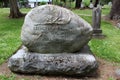 Large stone monument and other headstones, Oakwood Cemetery, Chittenango, New York, 2018