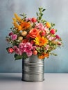 Large metal can, such as tin or an aluminum pot, is filled with various flowers. The arrangement includes several