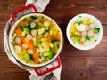 large metal cast red pan and plate with delicious hot soup of vegetables and Royalty Free Stock Photo