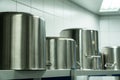 Large metal cooking pots in an industrial kitchen