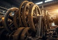 Large metal gears interlock within an industrial machine, reflecting complex engineering. Made of Royalty Free Stock Photo