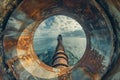 A large metal pipe positioned in the center of a body of water, A pipeline structure distorted through a fish-eye lens, AI Royalty Free Stock Photo