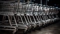 Large metal shopping cart in empty supermarket aisle with luggage cart generated by AI Royalty Free Stock Photo