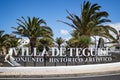 Large metal sign `Villa de Teguise` on roundabout entering town in Teguise, Lanzarote, Spain