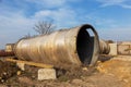 Large metal stainless steel overpass pipe for aggressive environments. Construction of a large industrial trunk overpass