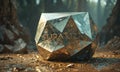 large, metallic, diamond-shaped object with the word \