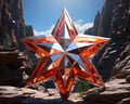 a large metallic star in the middle of a rocky area