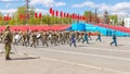 a large military band at the rehearsal of the Victory Day parade on Kuybyshev Square